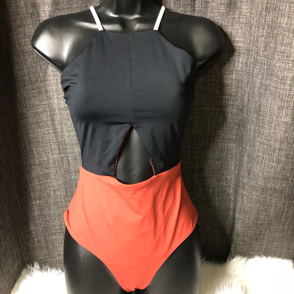 Tavik Black and Orange One Piece Swimsuit V-Neck